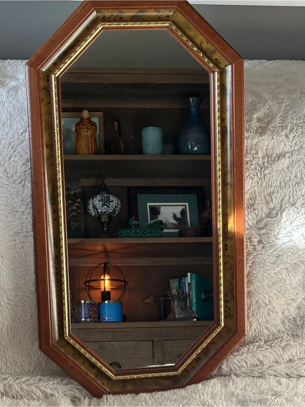VTG Home Interiors Beveled Wall Mirror Octagon Wood Frame USA 80s Gallery MCM